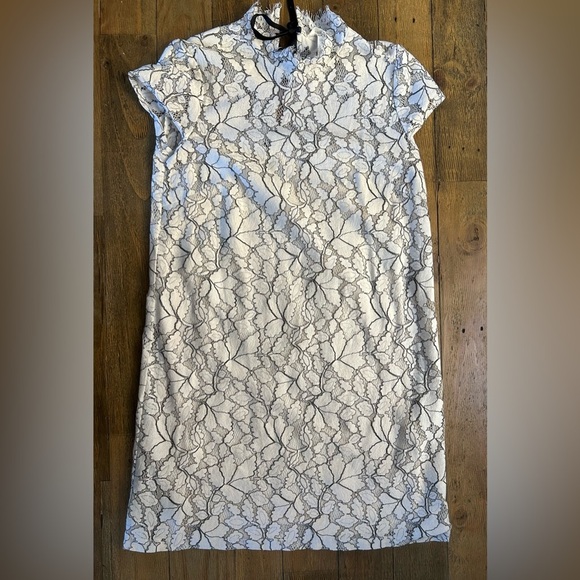 H&M Sheer Sheath Lace Dresses Cream with black detailing back ribbon tie Lined - Picture 9 of 17